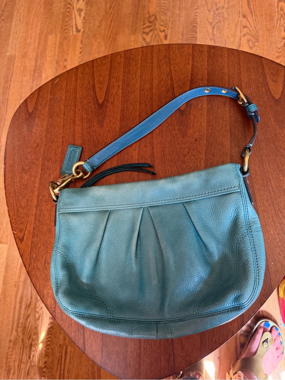 Coach Teal Mini Hampton Pebbled Leather Shoulder Bag